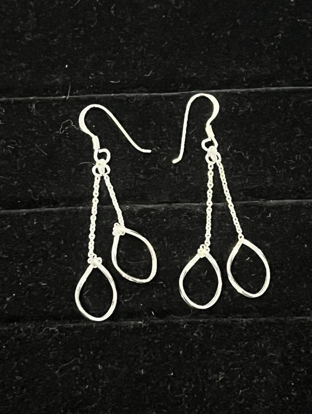 Vintage 925 Sterling Silver Long Dangle Teardrop Loop Earrings Artisan Drop